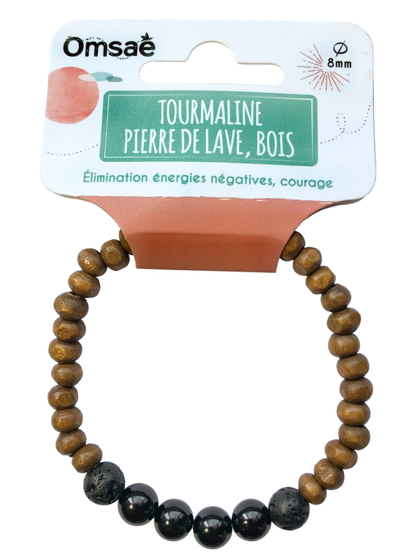 Bracelet Bois, Tourmaline et Pierre de lave Perles rondes 8 mm