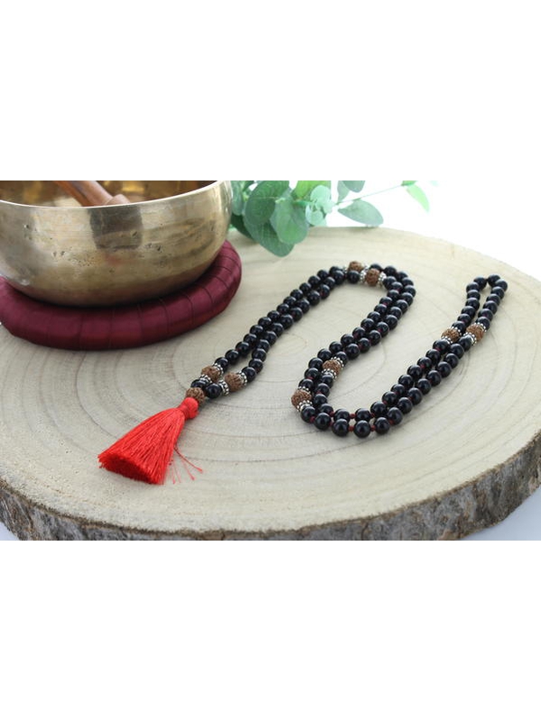 69002.1-Mala en Obsidienne Noire et Rudraksha 108 perles