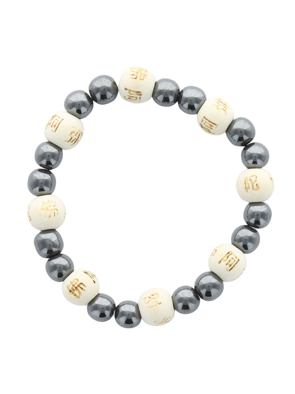 69996.Bracelet Hématite Perles rondes 8 mm et Perles bois 1 cm
