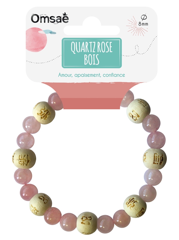 70000.1.Bracelet Quartz rose Perles rondes 8 mm et Perles bois 1 cm