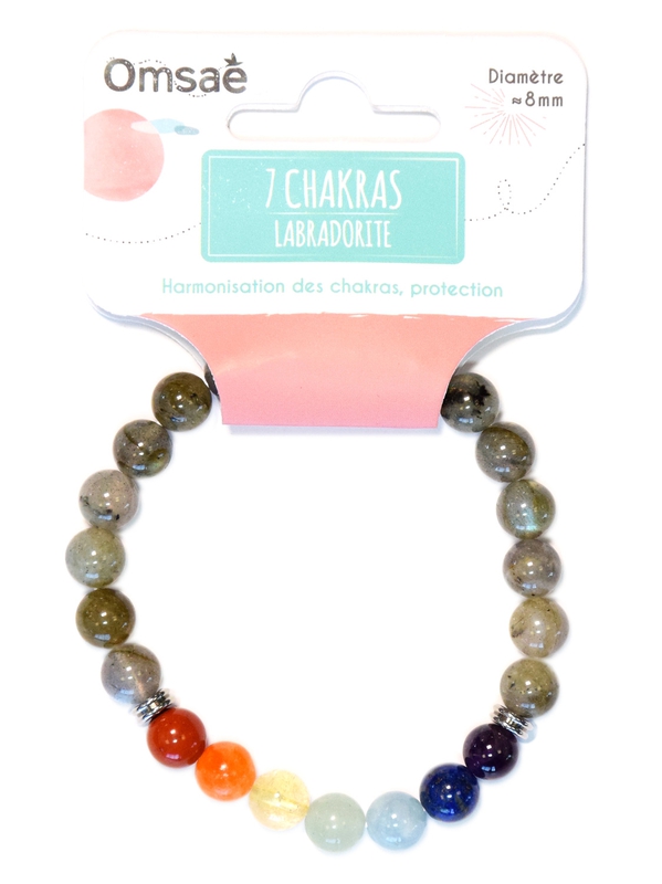 71523.Bracelet 7 Chakras Labradorite Perles rondes 8 mm