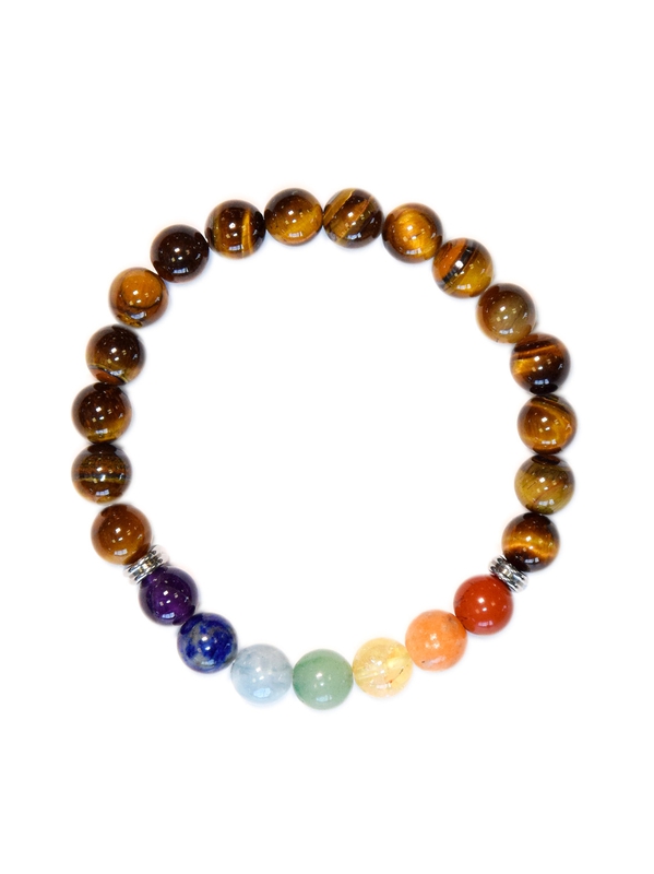 71359.Bracelet 7 Chakras Oeil de tigre Perles rondes 8 mm