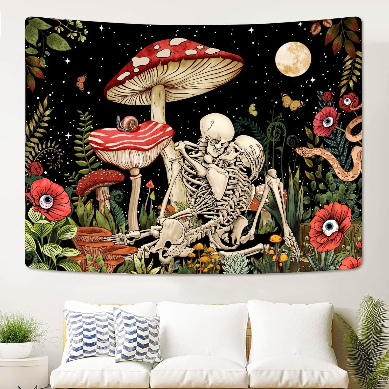 Bohemian Wall Tapestry | Skeletons in Love Under Full Moon