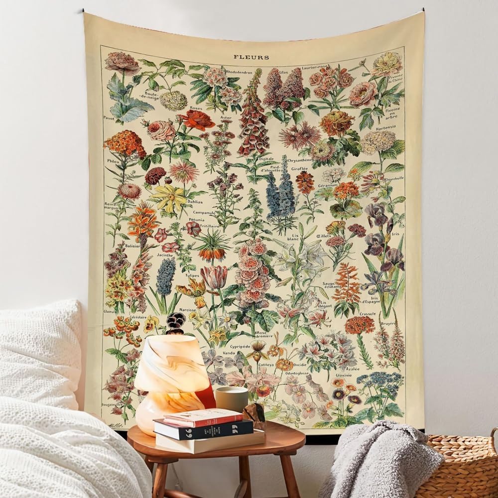 Bohemian Wall Tapestry | Vintage Illustrations of Flowers