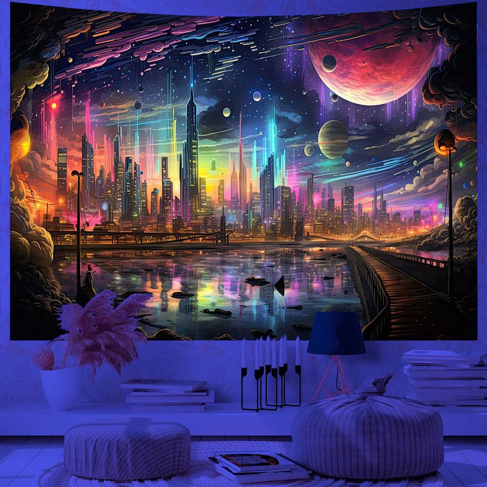 Psychedelic Wall Tapestry | Futuristic European city