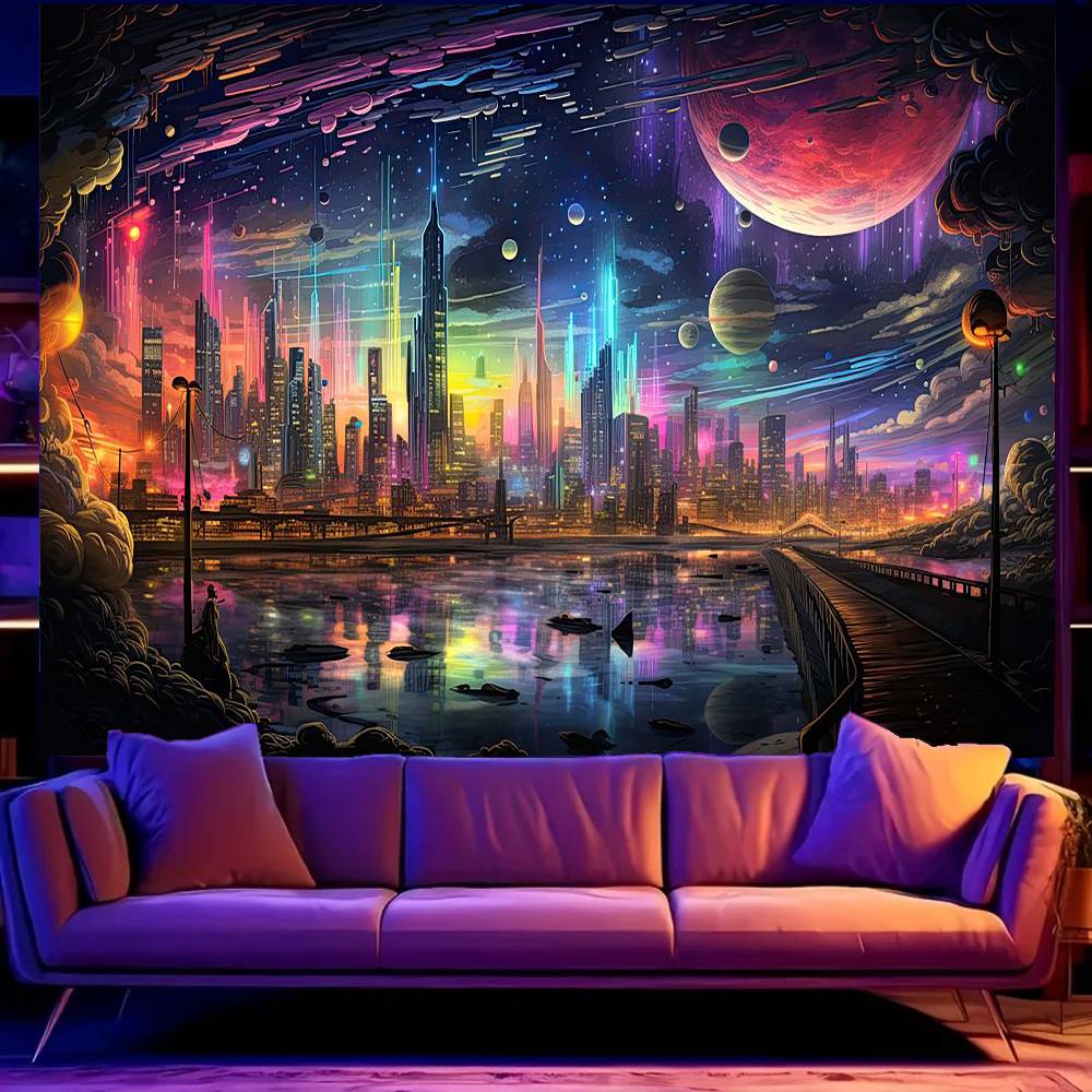 Psychedelic Wall Tapestry | Futuristic European city