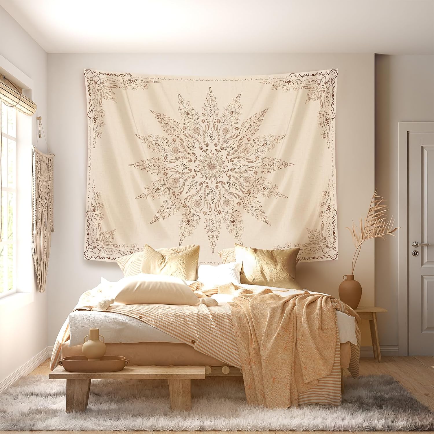 Mandala Wall Tapestry | Beige Damask Nigella