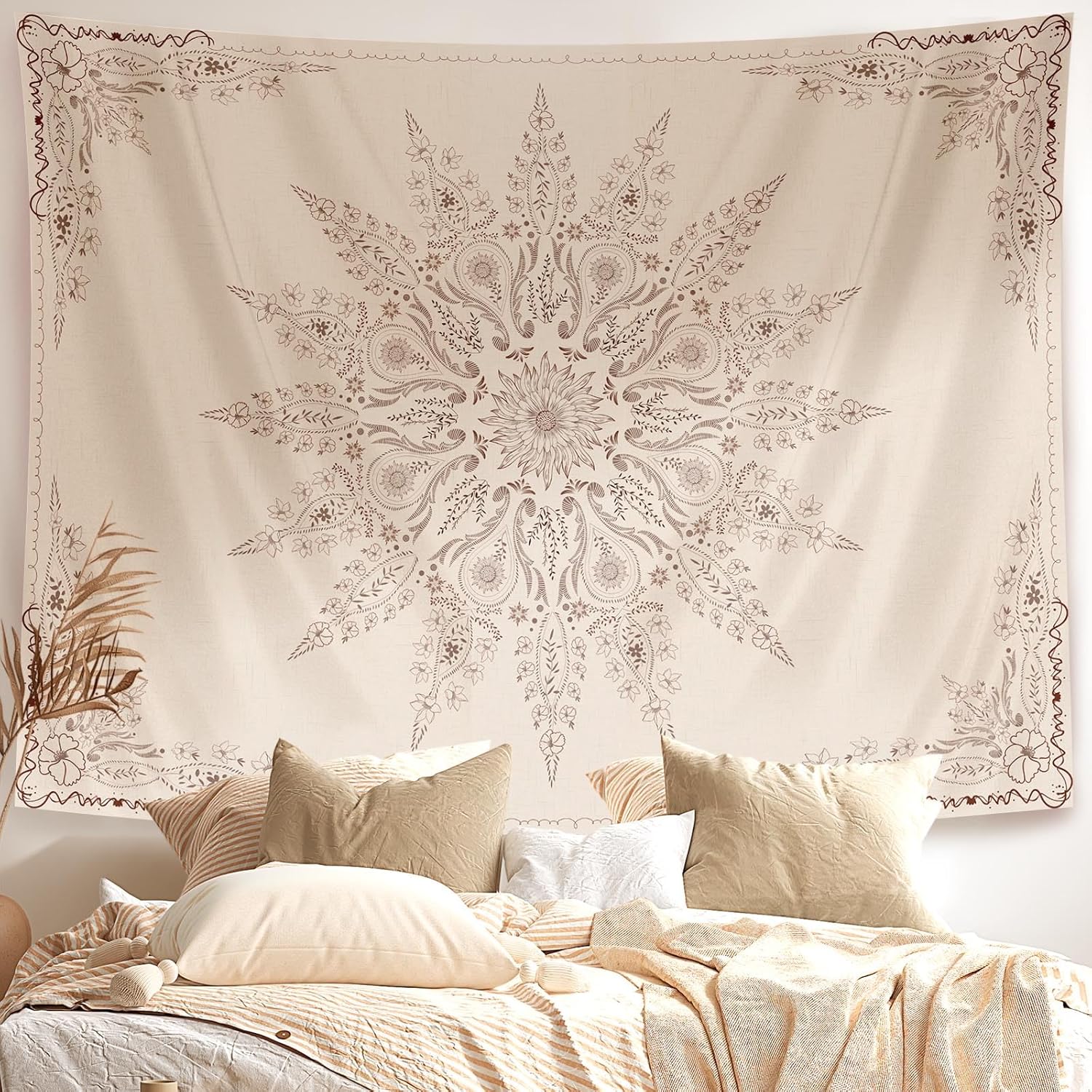Mandala Wall Tapestry | Beige Damask Nigella