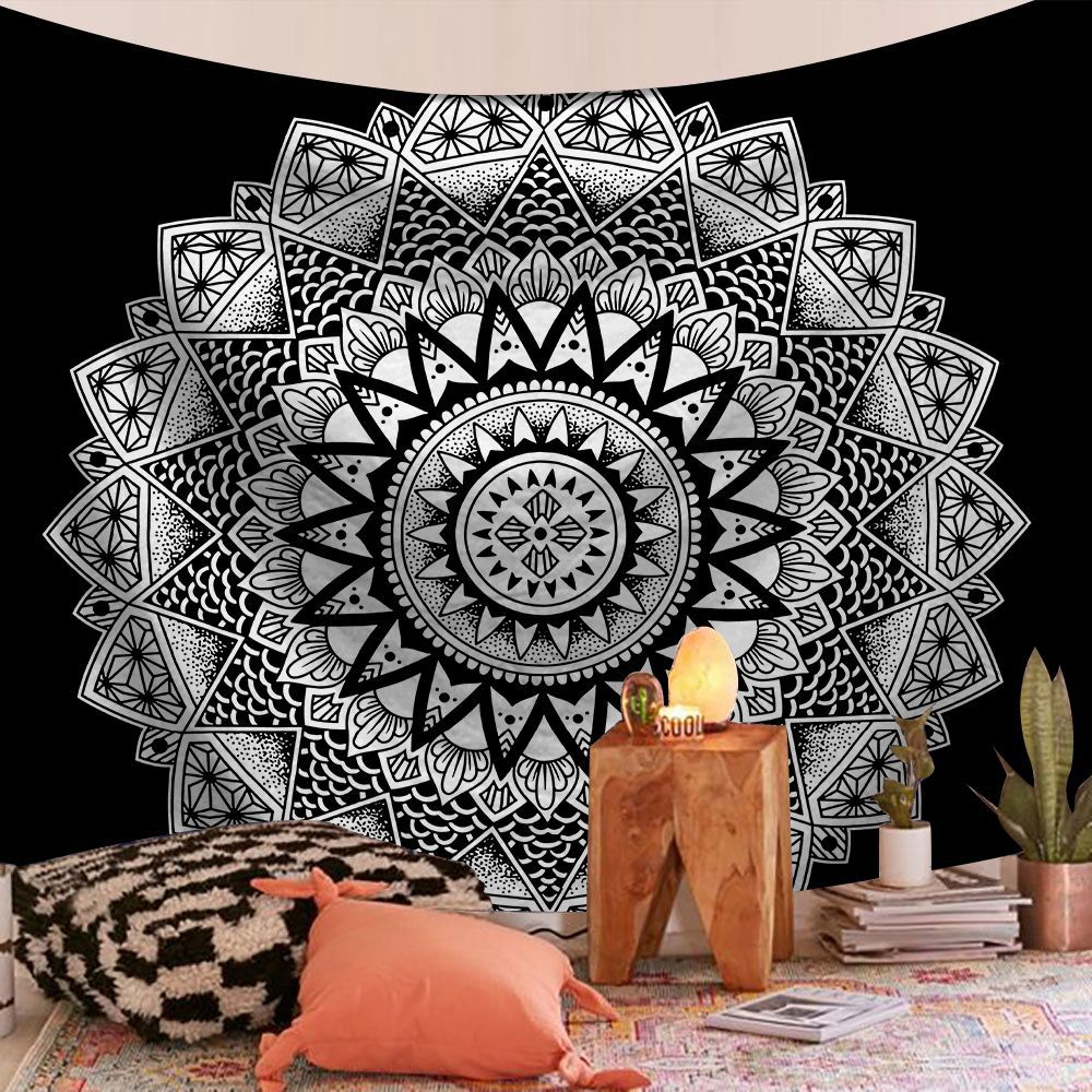 Mandala Wall Tapestry | Black and White Complex Lotus