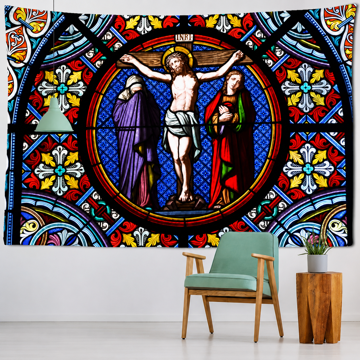 Religious Wall Tapestry | Stained-Glass Window Crucified Jesus Paris Cathedral