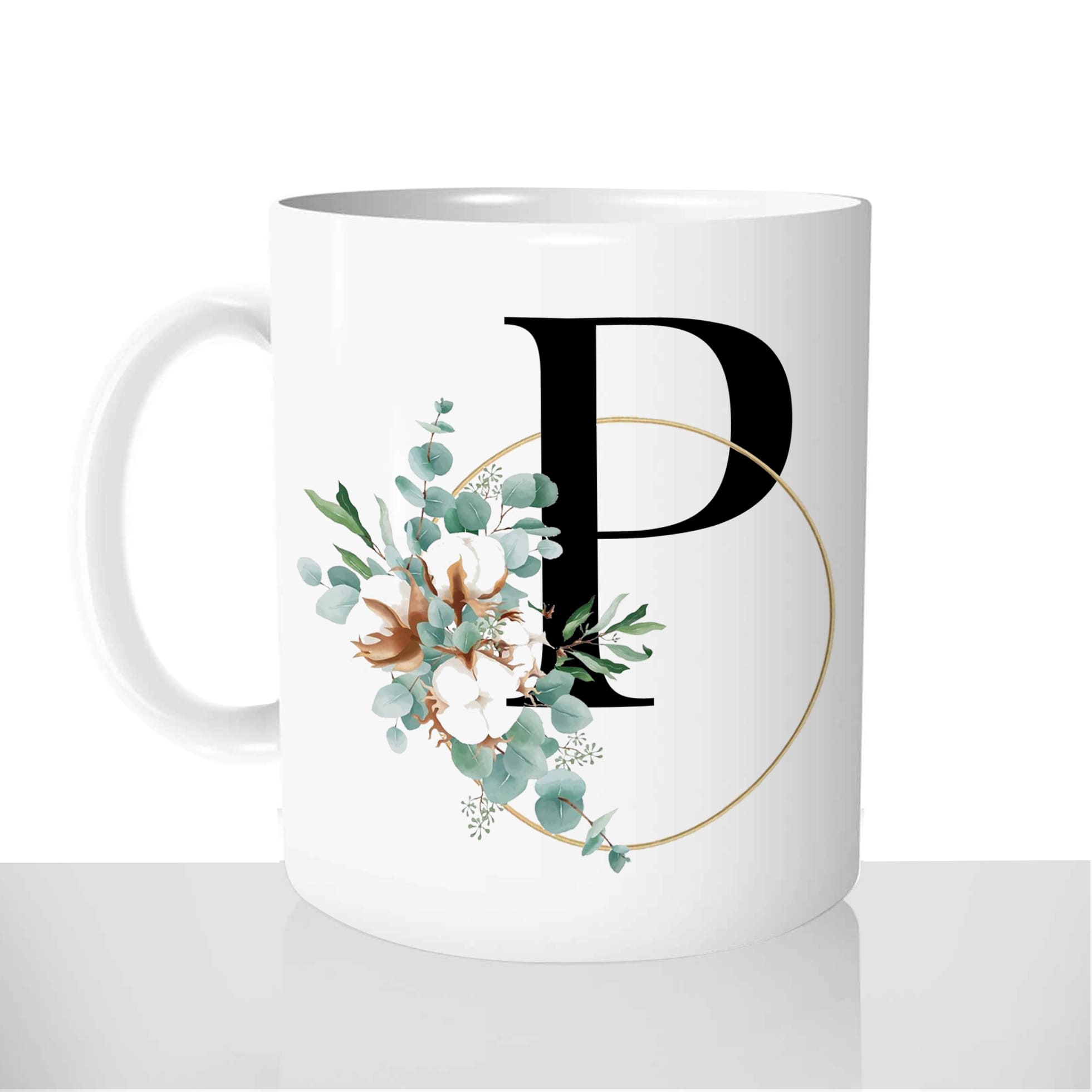 mug-blanc-céramique-personnalisable-tasse-11oz-lettre-p-initiale-prenom-fleur-de-coton-boho-personnalisé-fun-idée-cadeau-original