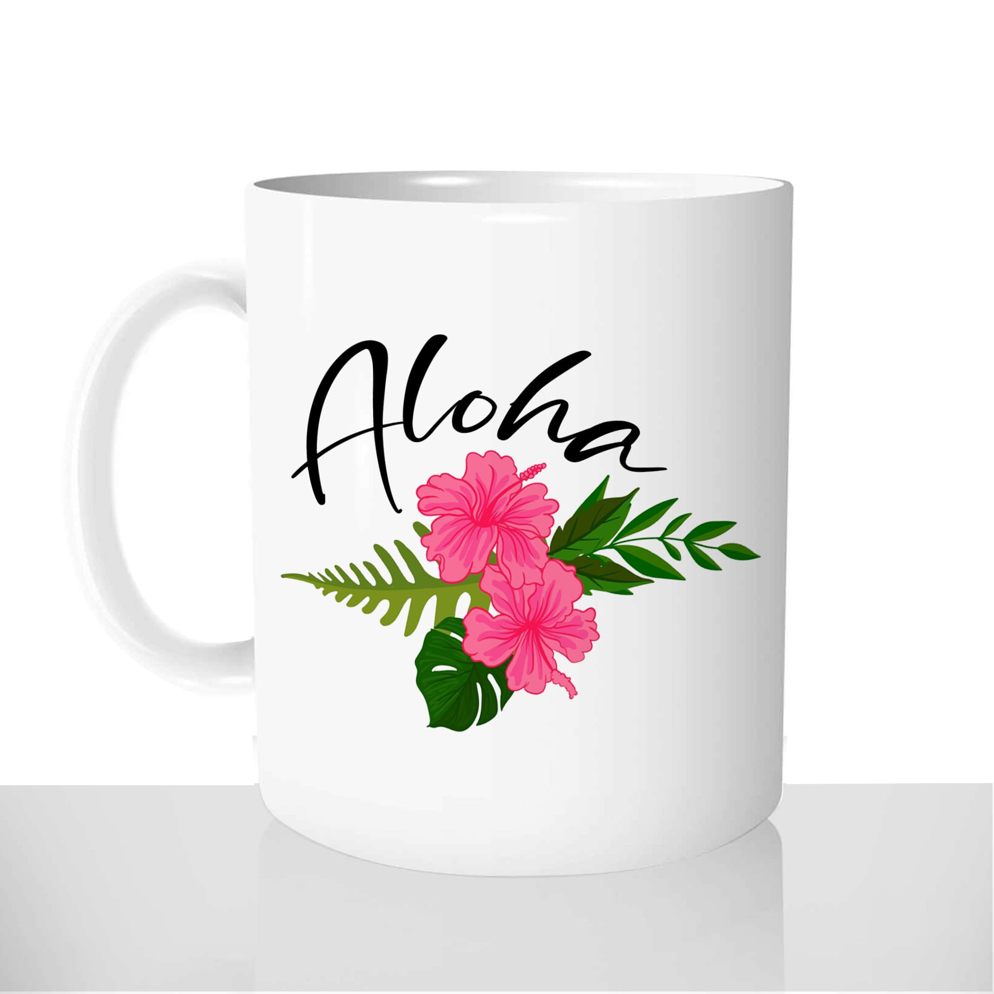 mug - blanc-brillant-personnalisé-aloha-fleur-hawaii-tahiti-vanille-bonjour-ile-personnalisé-fun-idée-cadeau-original
