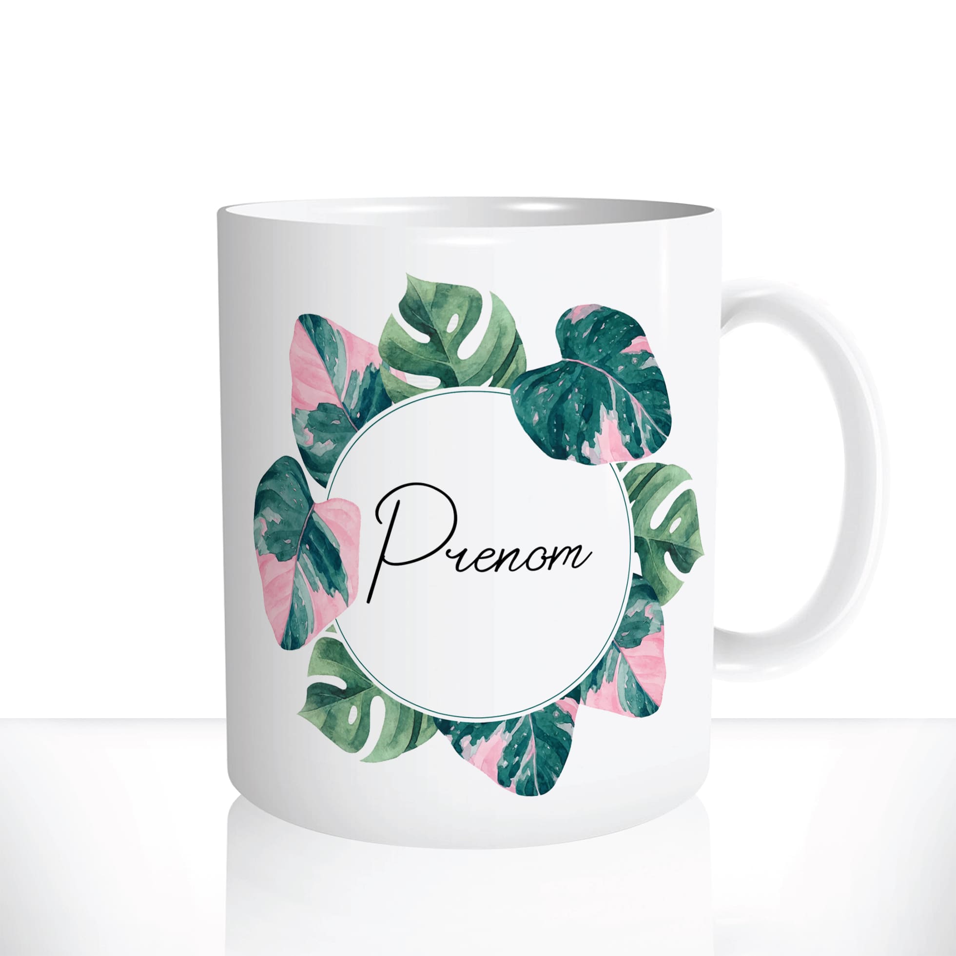 mug-tasse-Blanche-céramique-fleurs-couronne-de-monstera-plante-verte-prenom-personnalisable-copine2