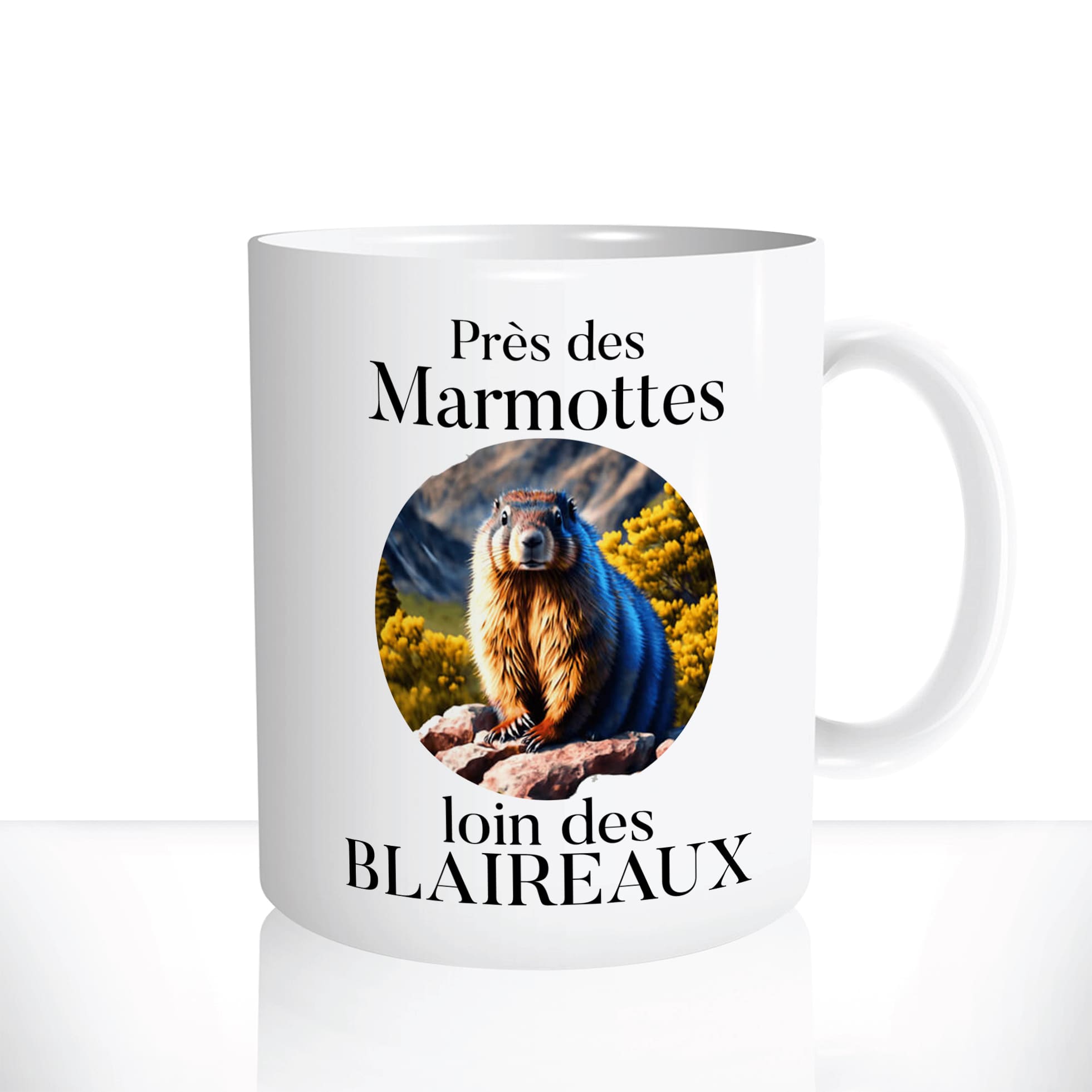 mug-tasse-Blanche-céramique-près-des-marmottes-loin-des-blaireaux-montagnes-suisse-ski-snowbord-humour2