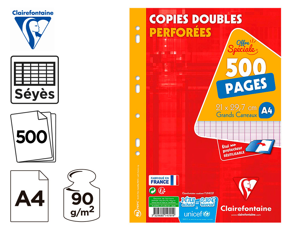 Clairefontaine - 200 copies doubles A4 - petits carreaux avec marge -  perforées Pas Cher
