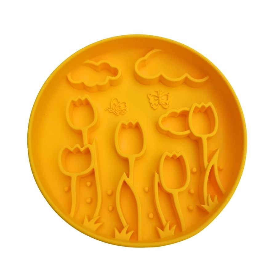Tapis de léchage pour chien en forme de tulipe – Antistress & anti-glouton - jaune