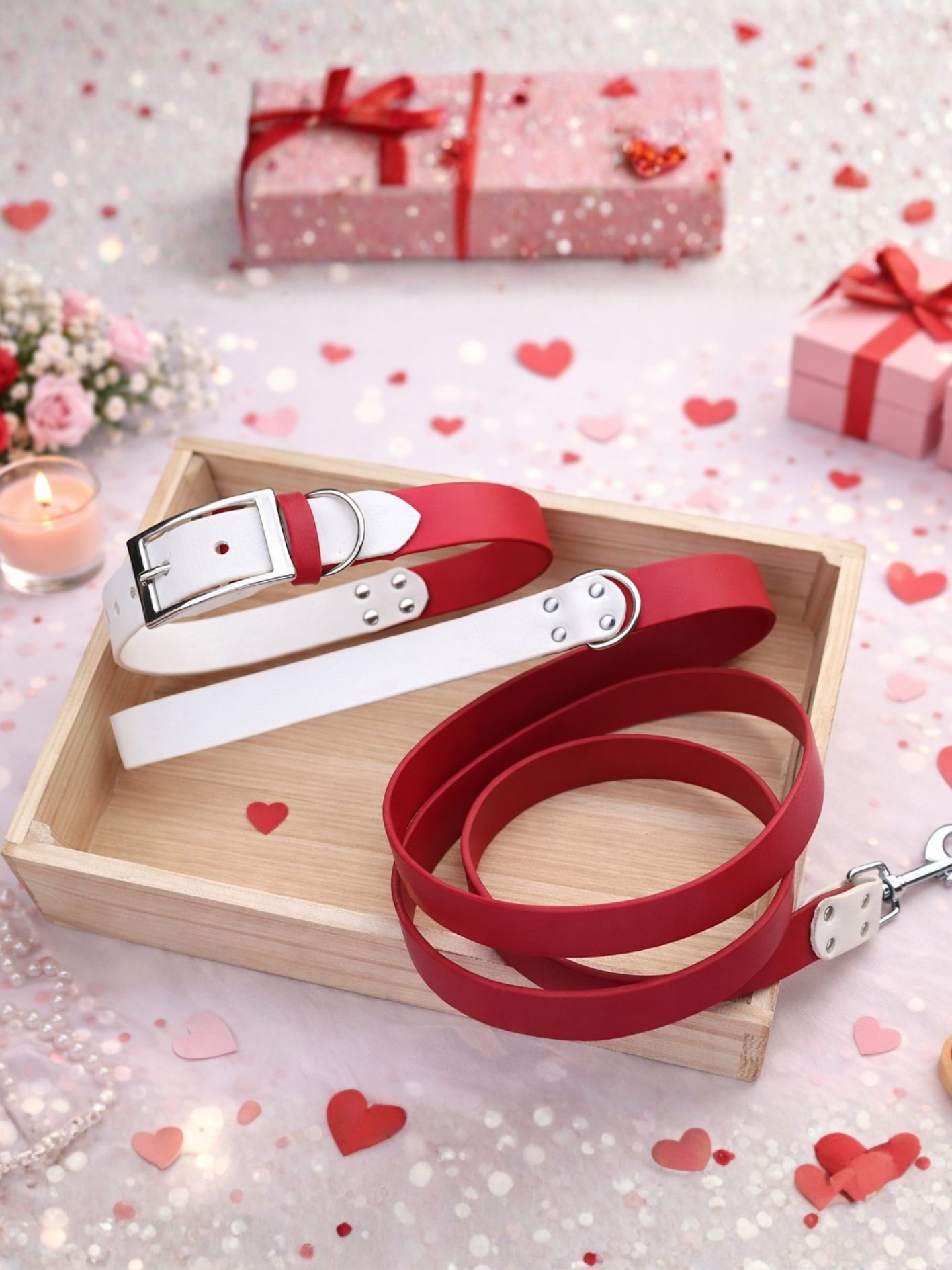 Pack Saint-Valentin – Collier & Laisse personnalisée tricolore pour chien