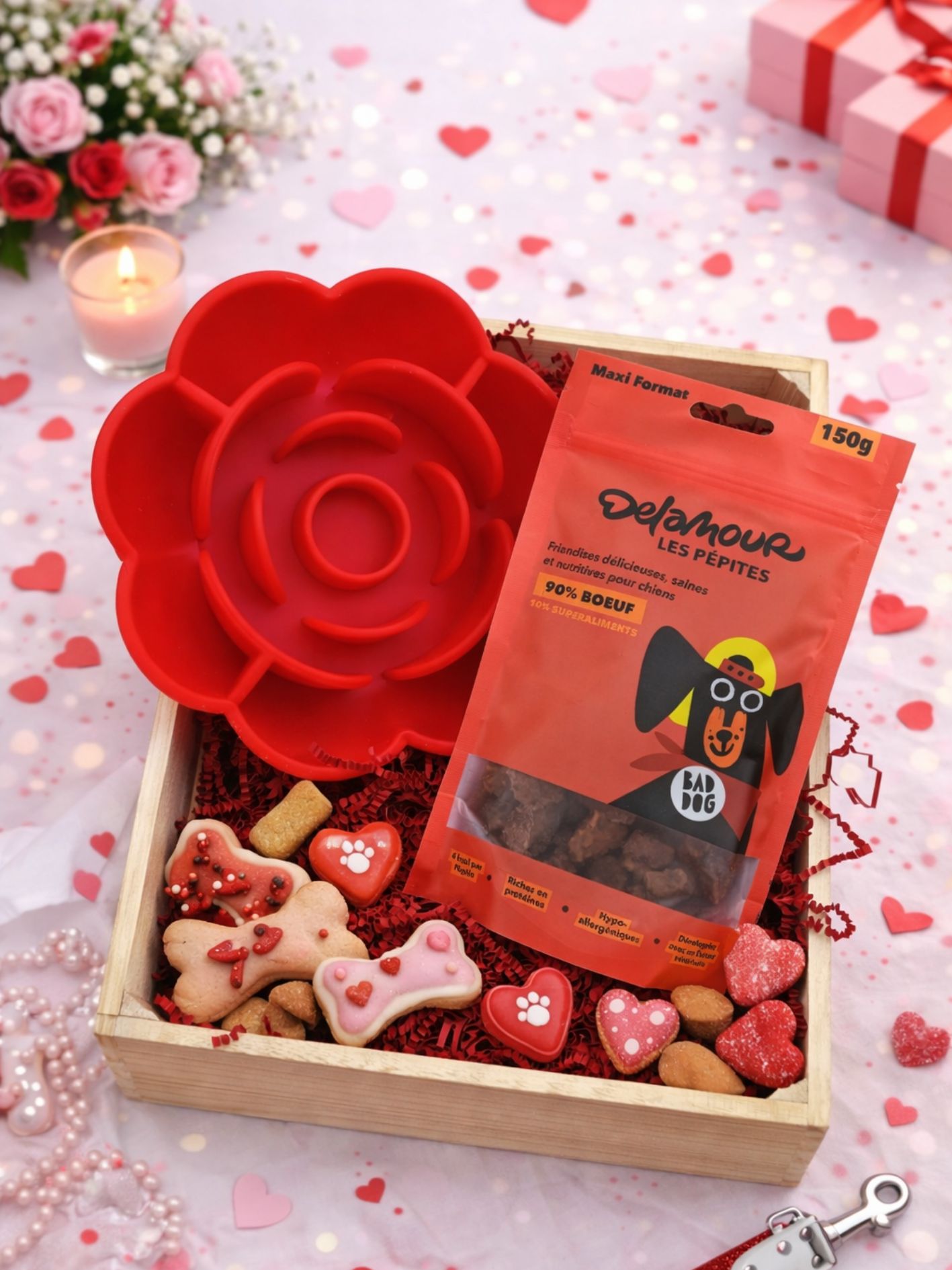 Pack gourmand de la Saint-Valentin - Tapis de léchage et friandises delamour pour chien