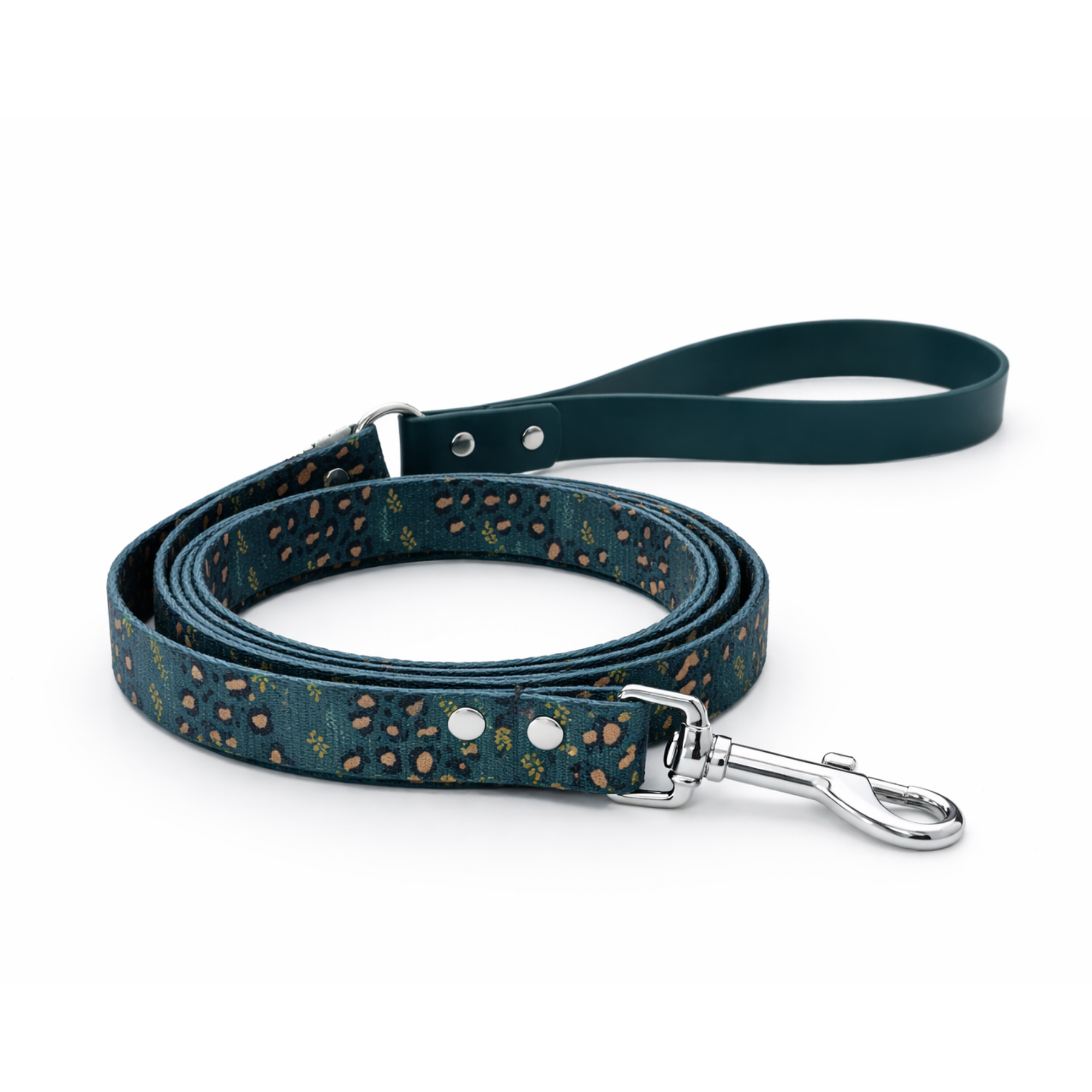 Laisse pour chien motif Léopard vert – Style sauvage, confort artisanal made in France