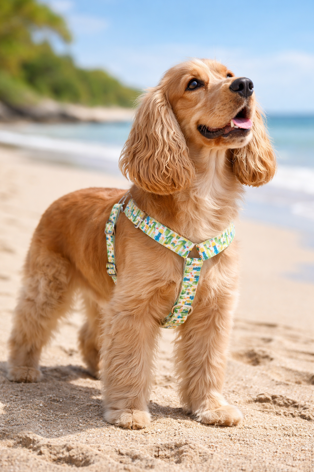 Cocker Spaniel sur la plage en harnais