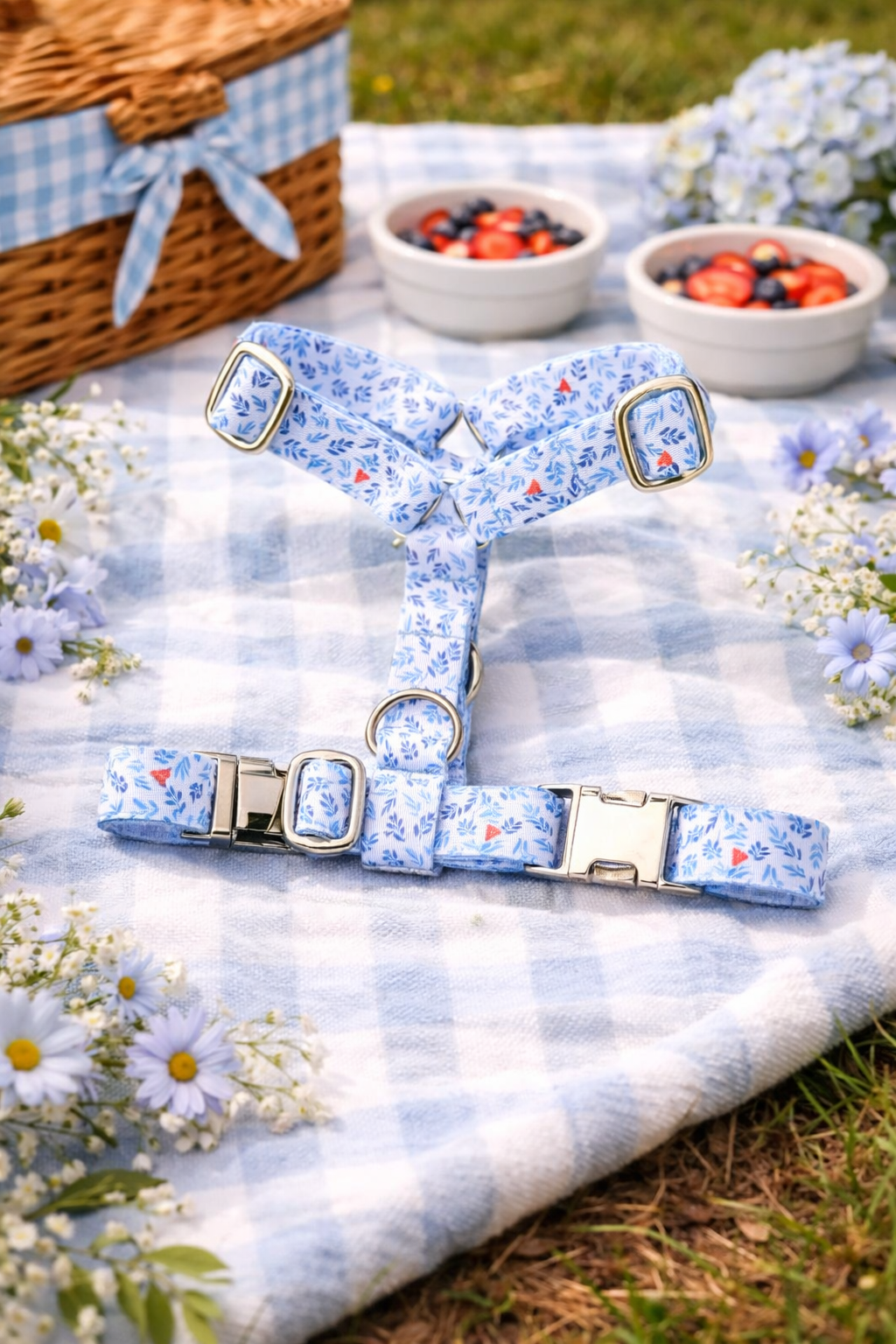 Harnais pour chien sur nappe printanière