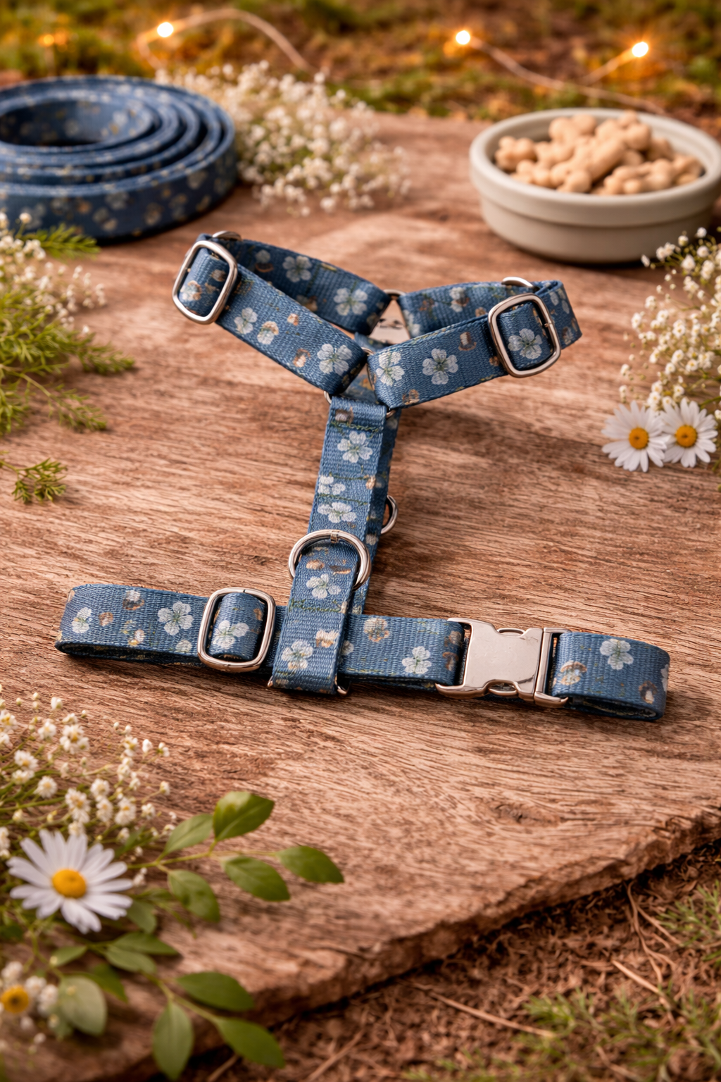 Harnais pour chien à fleurs bleues