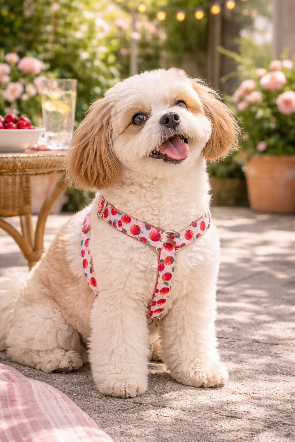 Cavapoo en harnais cerise et soleil