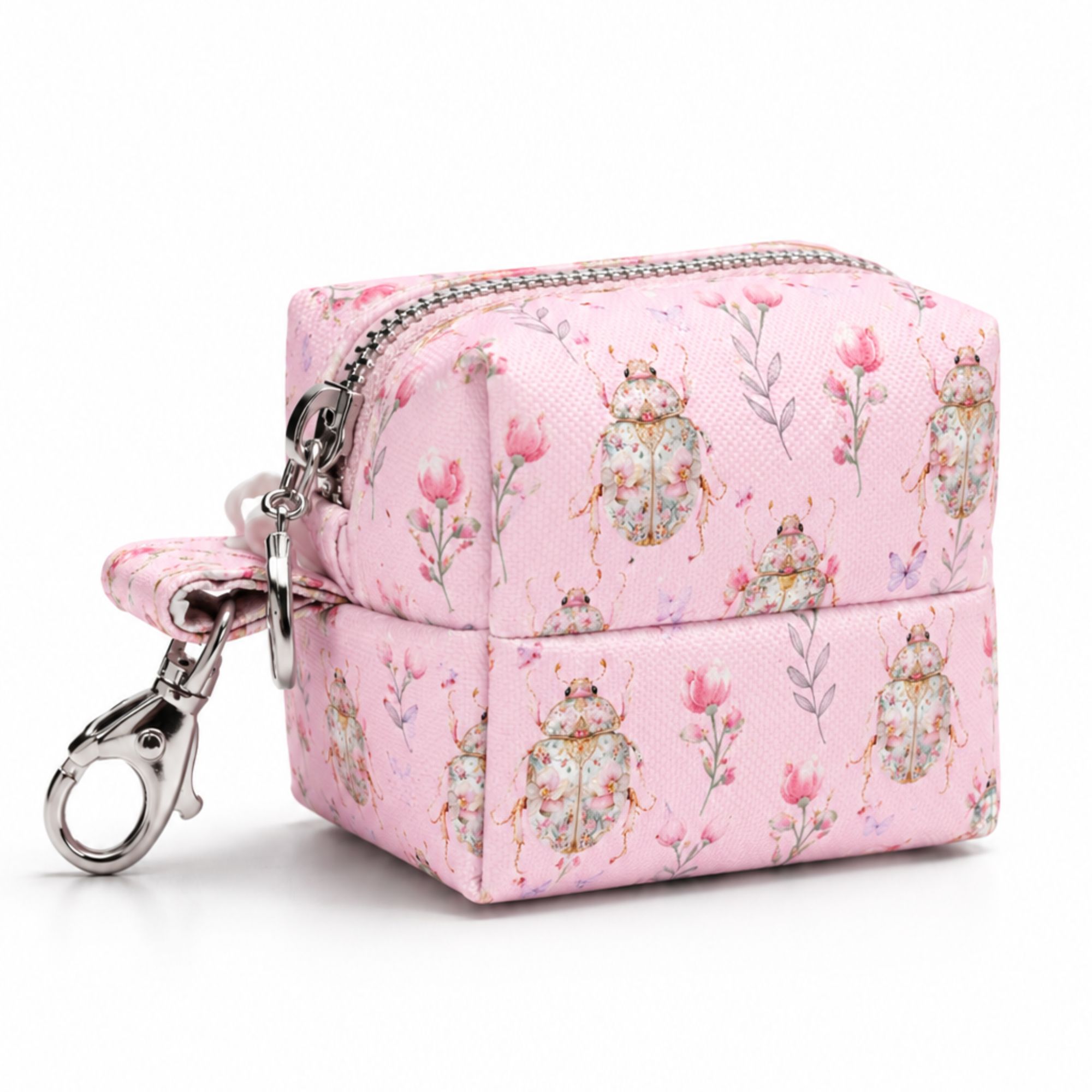 Distributeur de sacs à crotte pour chien motif scarabées fleuris – Fond rose poudré