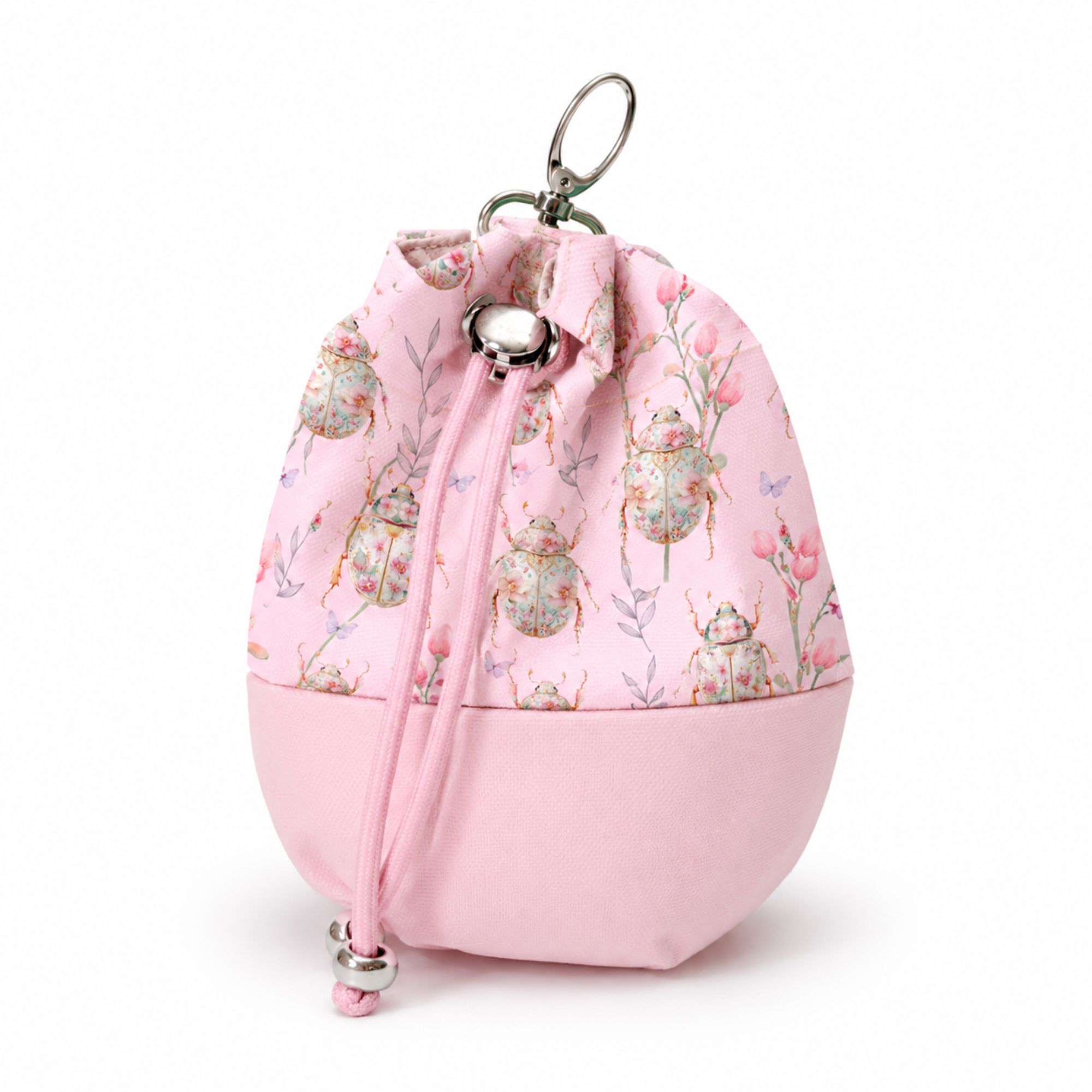 Pochette à friandises pour chien motif scarabées fleuris – Fond rose poudré