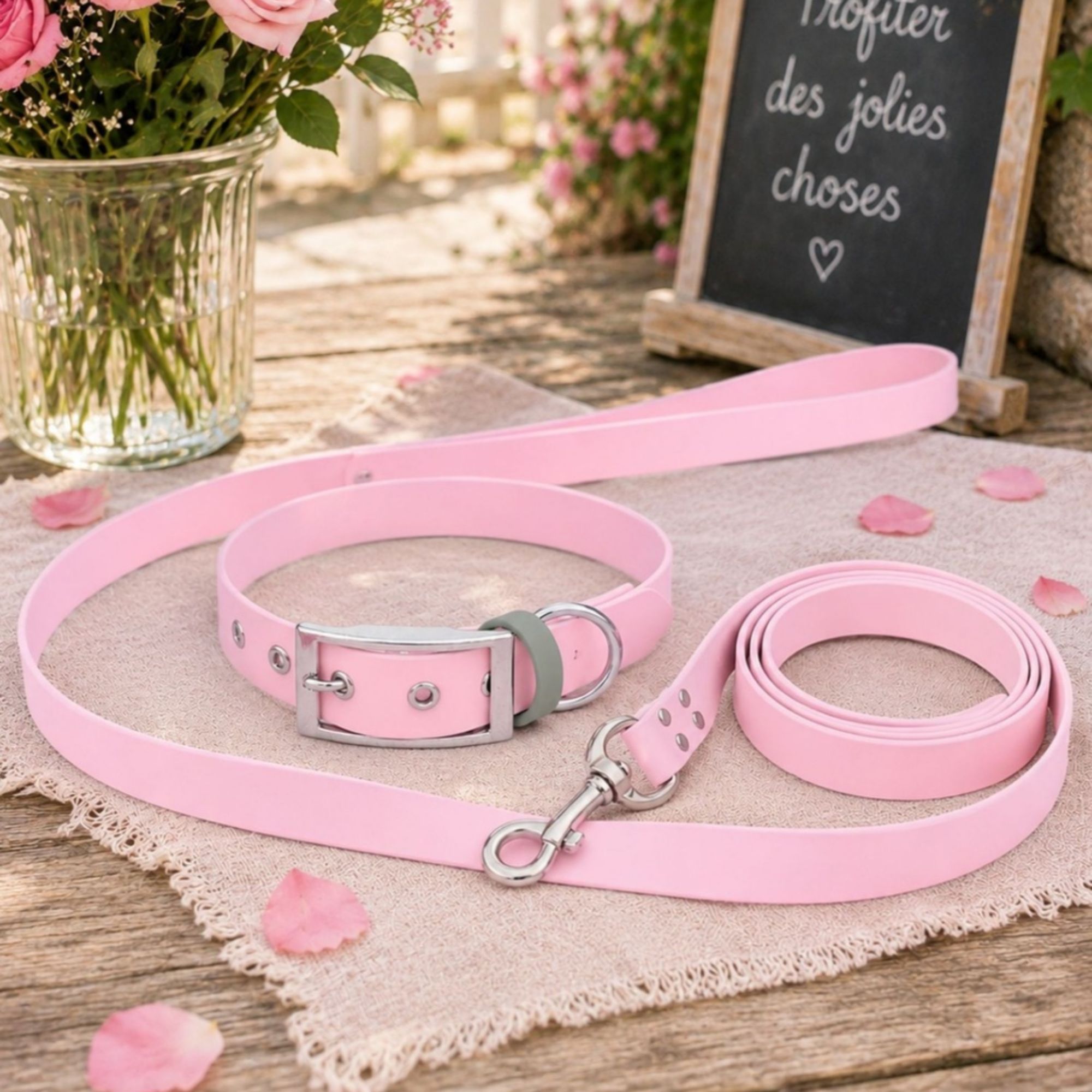Ensemble Collier & Laisse Bandoulière Chien Biothane – Rose Bonbon