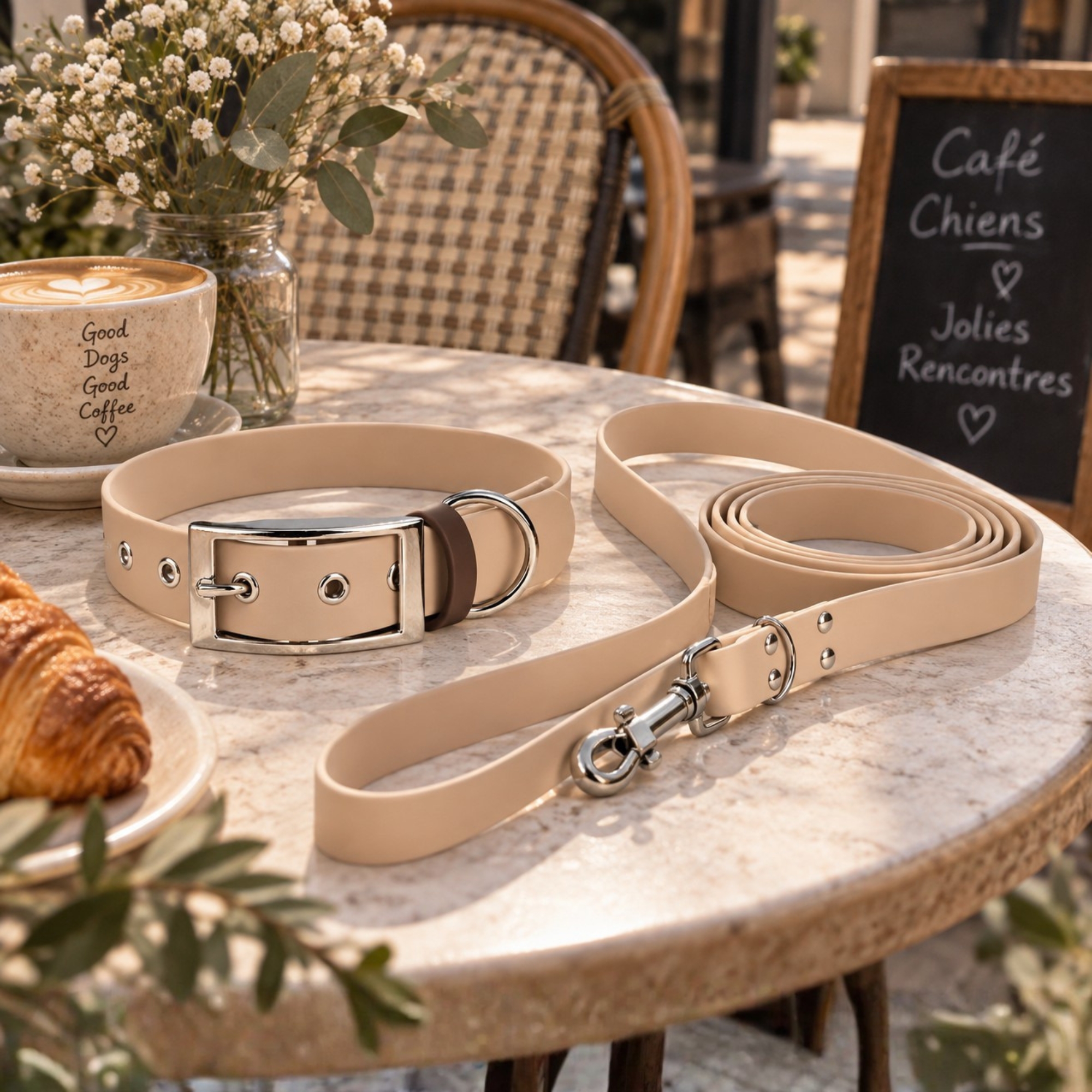 Ensemble Collier & Laisse Bandoulière Chien Biothane – Beige Nude