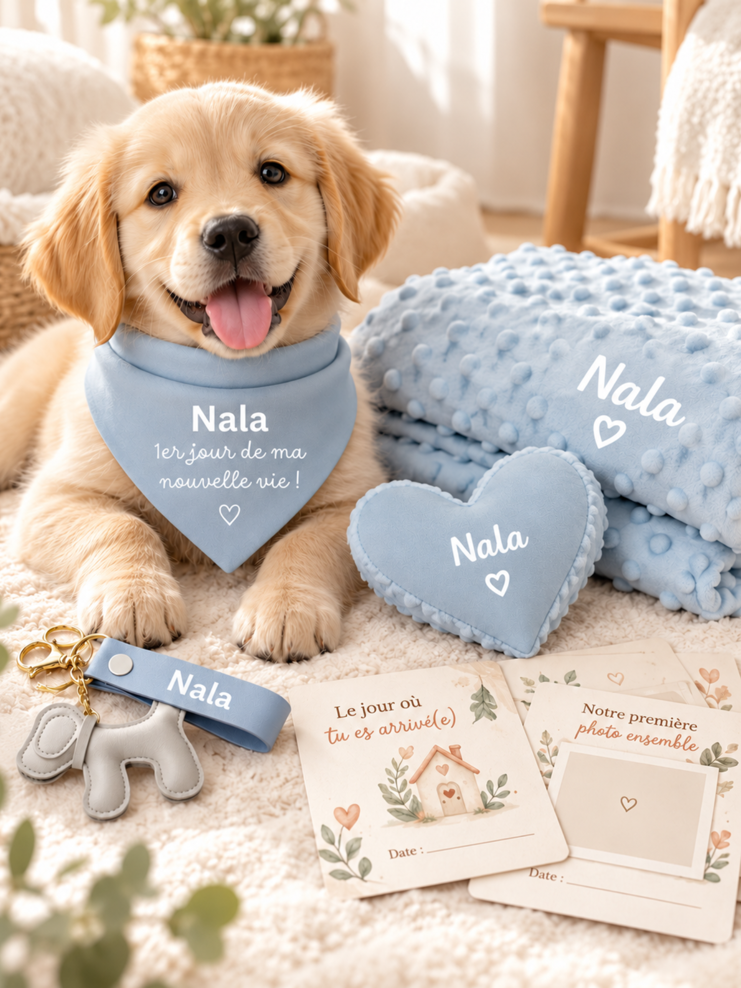 Coffret bienvenue chien personnalisé, cadeau adoption ou chiot, bandana prénom, couverture, doudou & souvenirs