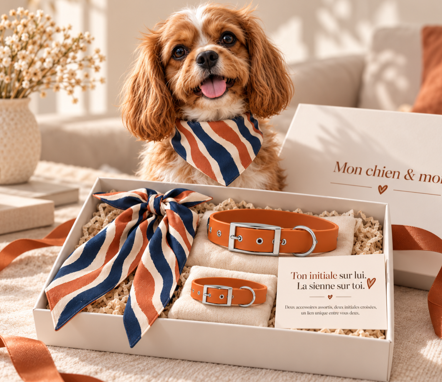 Coffret matchy chien et humain personnalisé - collier Biothane, bracelet, bandana et twilly assortis - cadeau dog mum