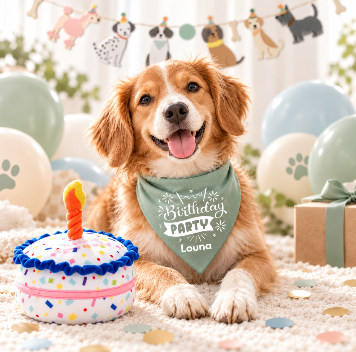 Coffret anniversaire pour chien personnalisé – Bandana, jouet, décoration & carte souvenir