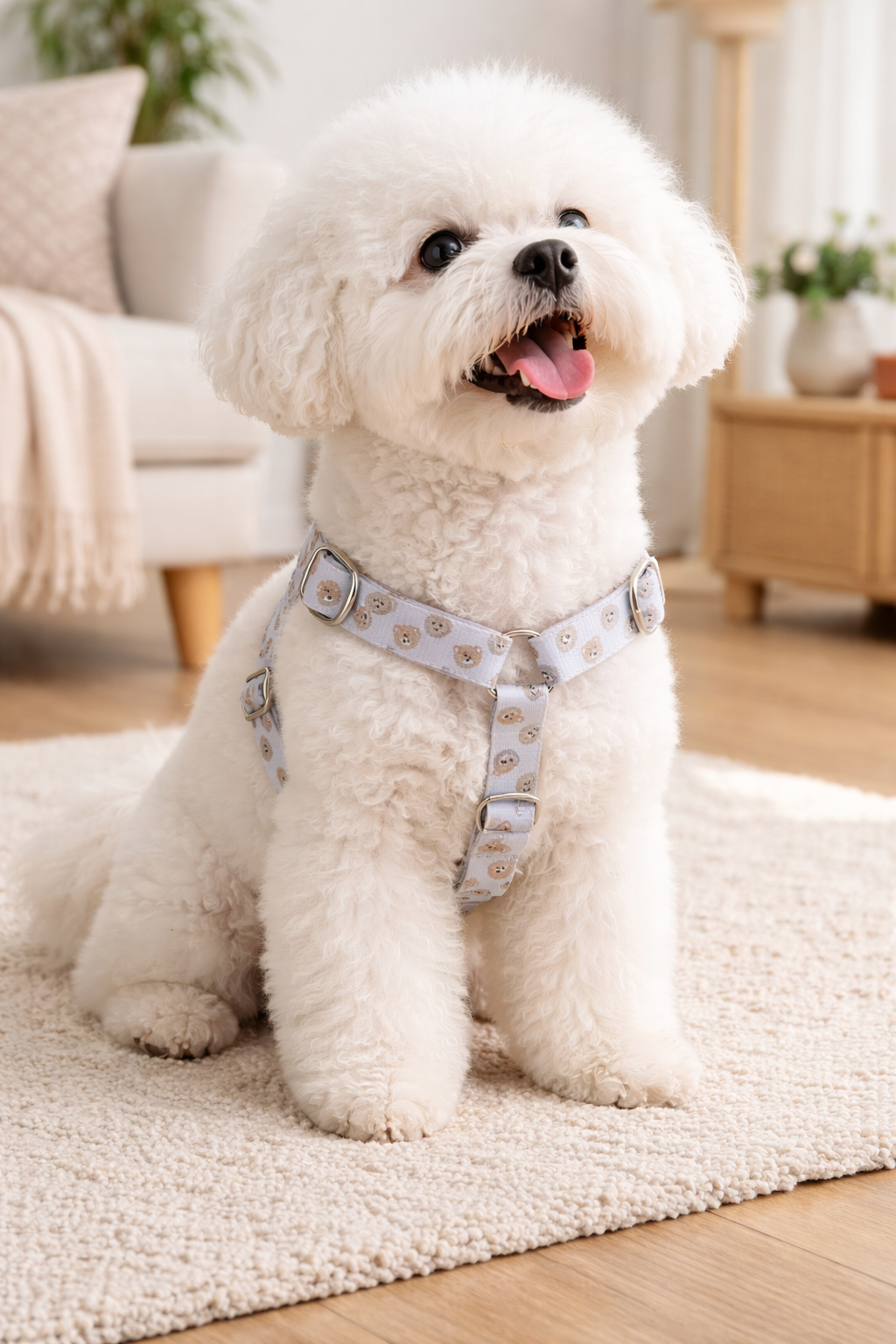 chien bichon frise avec harnais ours