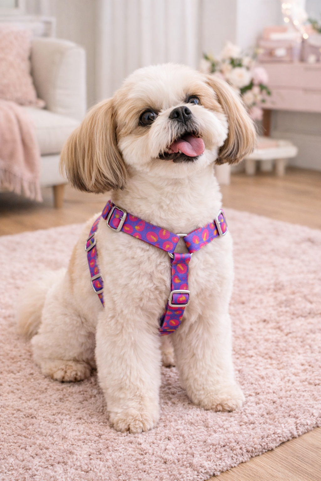 chien shih tzu sur tapis rose