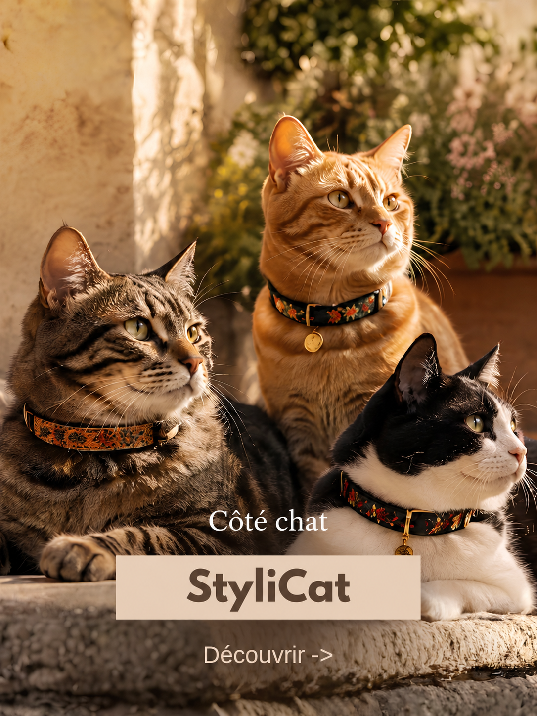 StyliCat : trois chats portant des colliers à motif