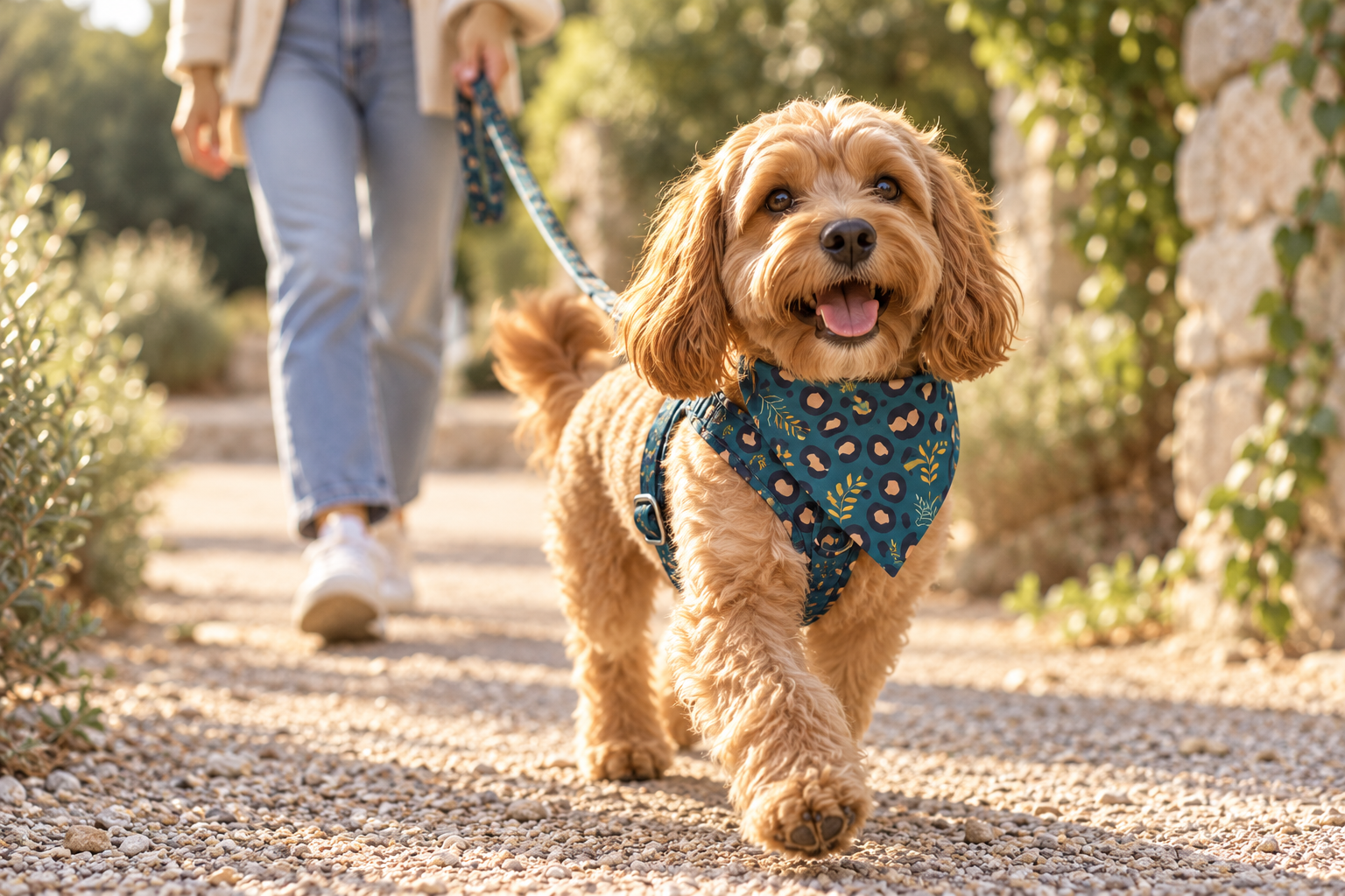 Chien portant un accessoire StyliDog, avec son dog parent en arrière-plan