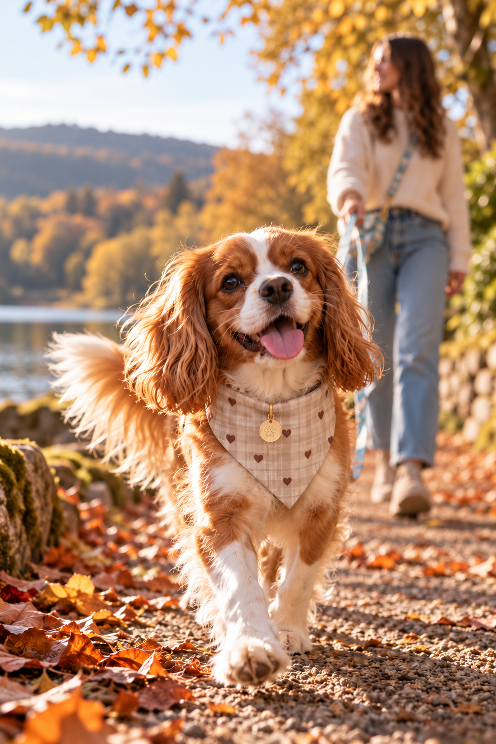 Chien roux portant le bandana beige à petits cœurs StyliDog avec sa dogmum sur un chemin d'automne