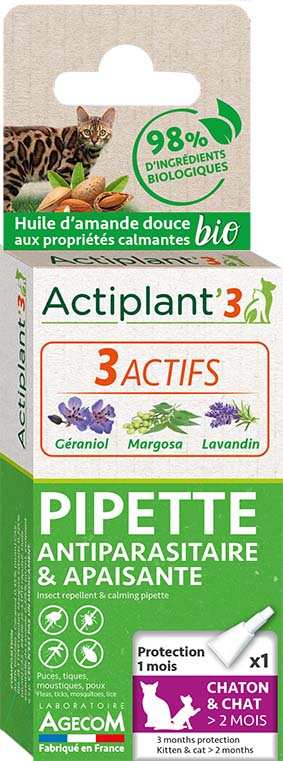 Actiplant\'3 - Pipette antiparasitaire & apaisante monodose - Chaton et chat 2 mois et +