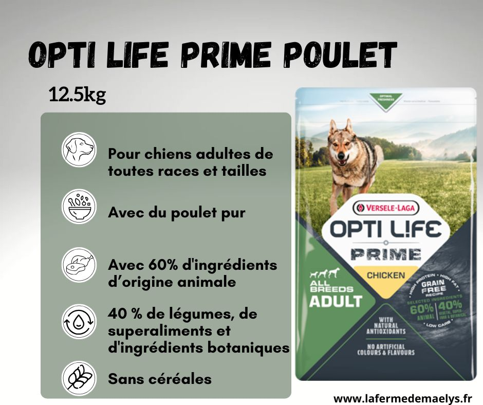 Opti life prime chicken all breeds adult 12.5kg-croquettes sans céréales au poulet pour chiens adultes