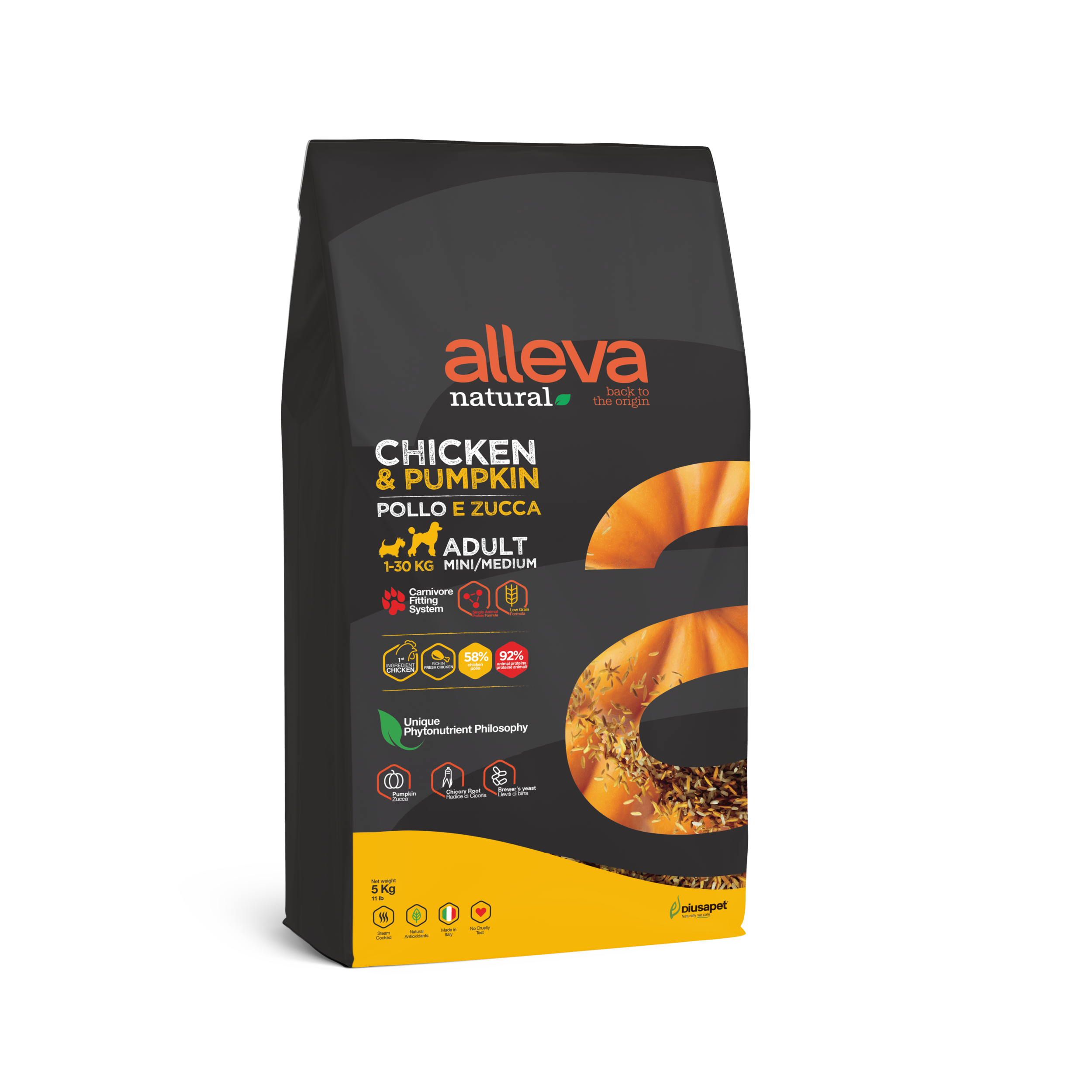 alleva natural chicken pumpkin mini medium adulte- croquettes super premium pour chiens de petite et moyenne race