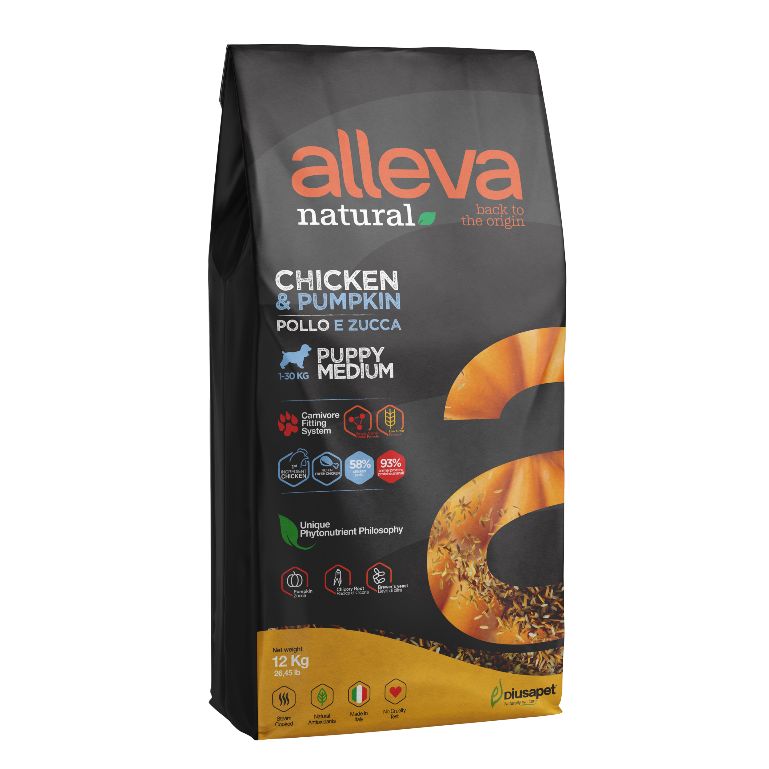 Alleva natural chicken pumpkin medium puppy-croquettes super premium pour chiots de moyenne race