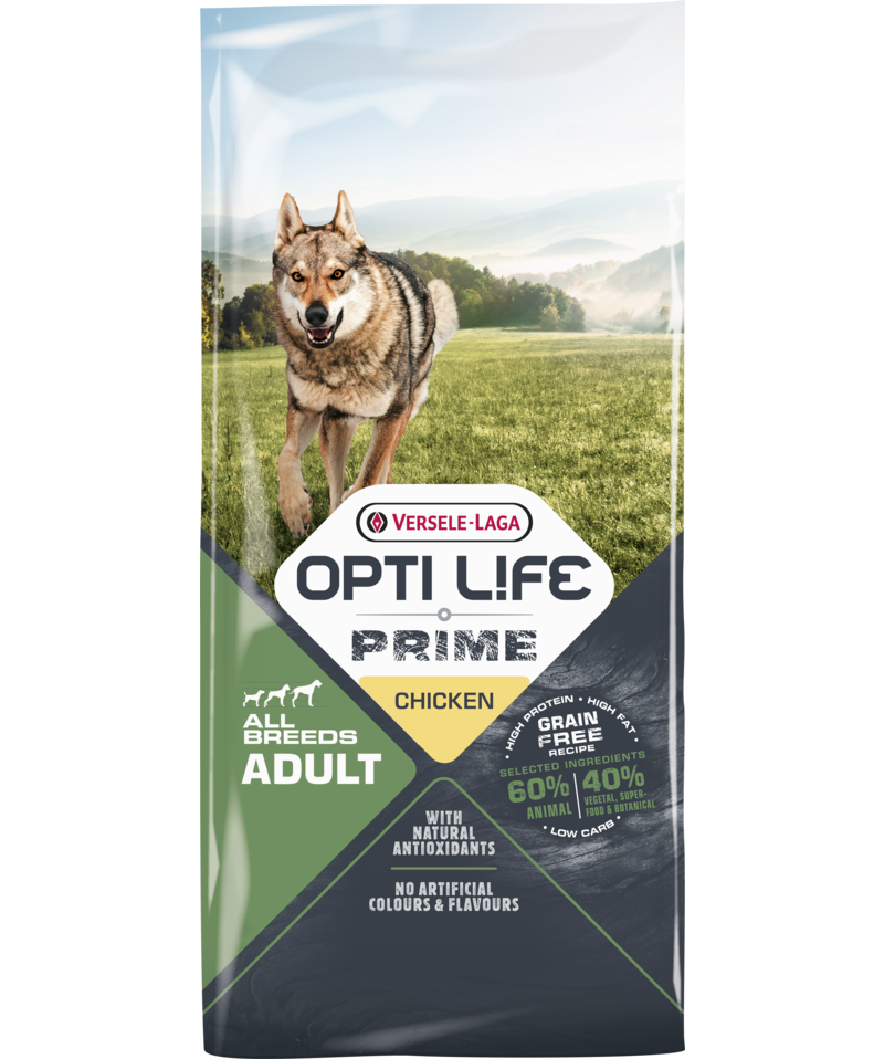 Opti life prime chicken all breeds adult 12.5kg-croquettes sans céréales au poulet pour chiens adultes