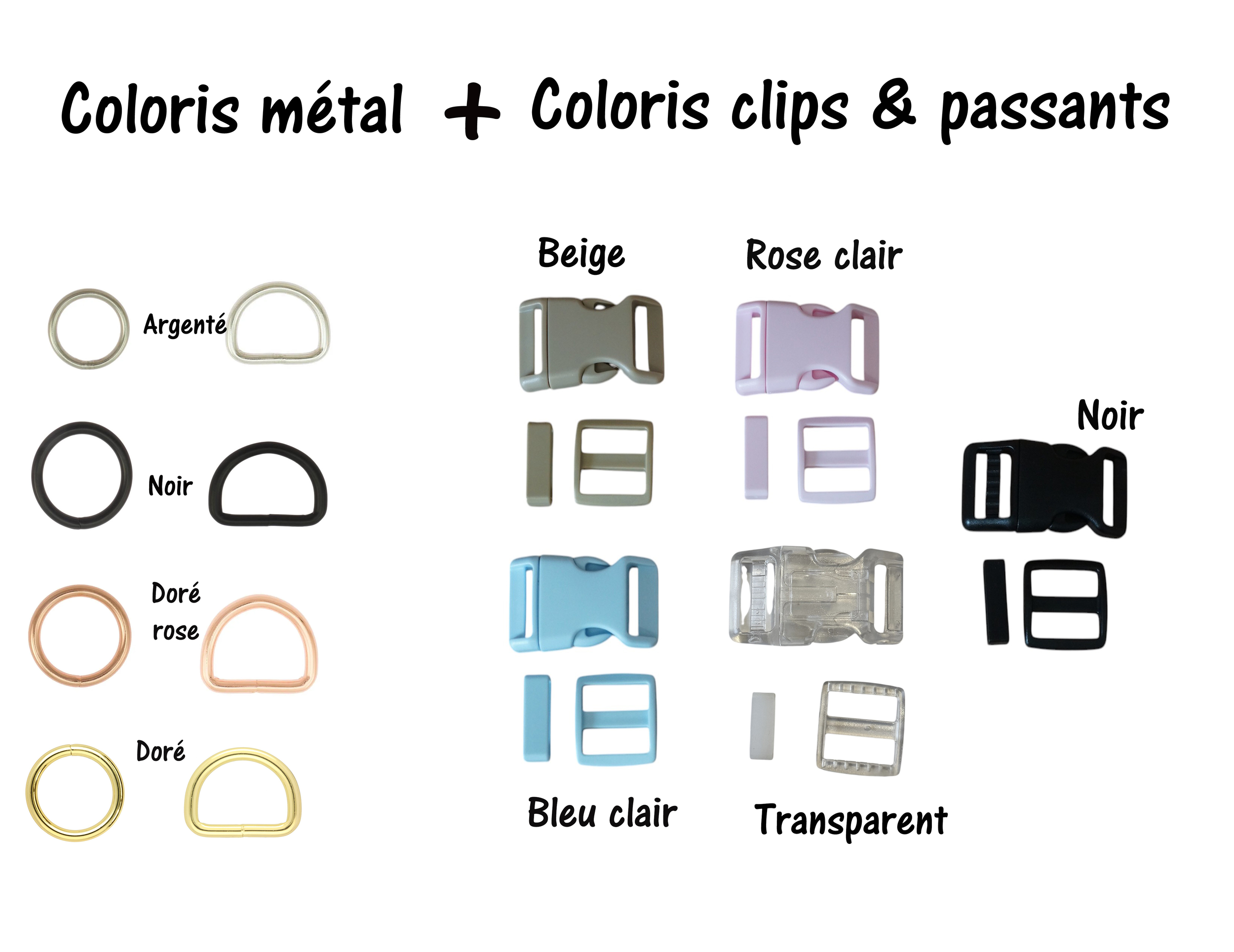 Coloris clips et passants fond blanc et dore