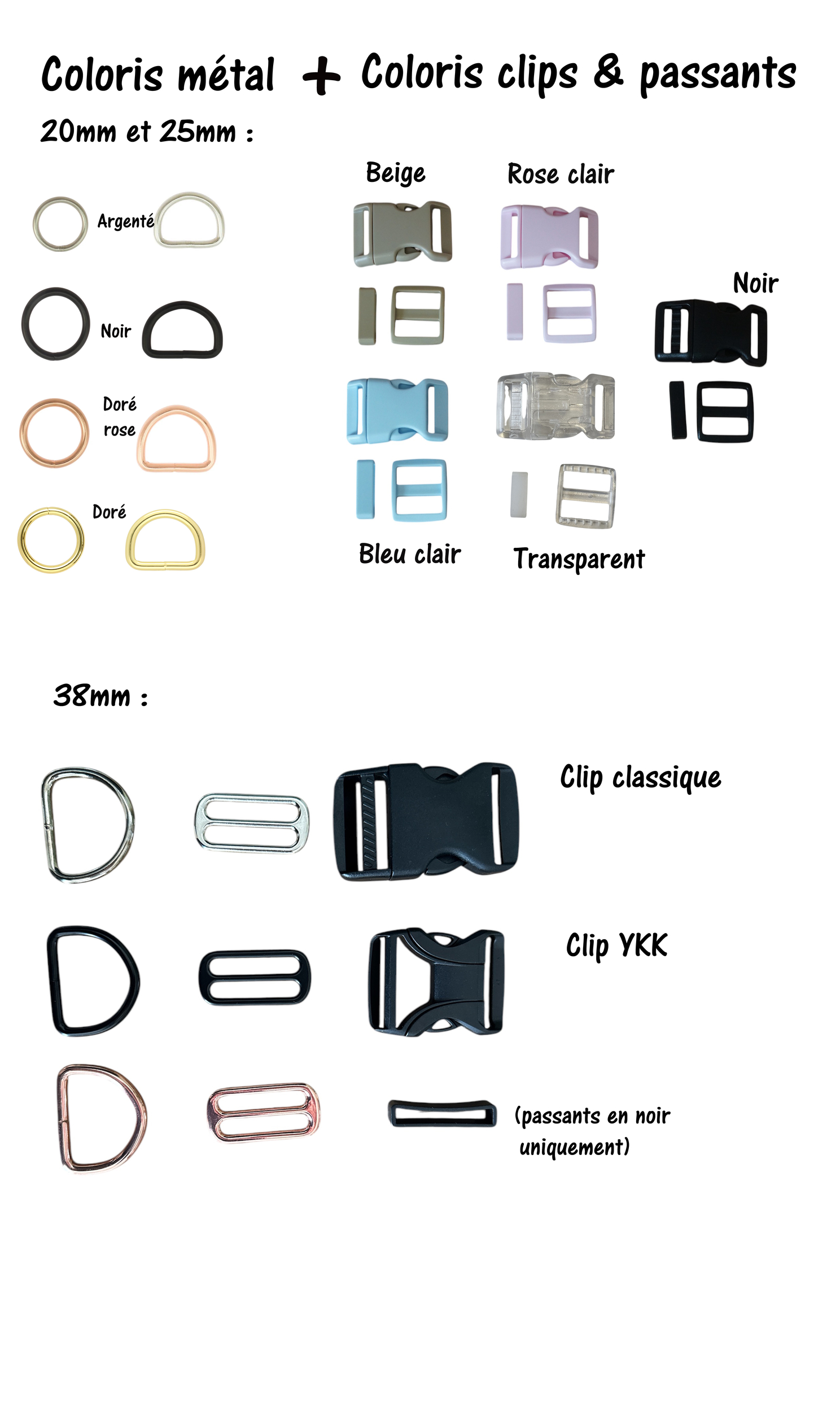 Coloris clips et passants fond blanc 38mm