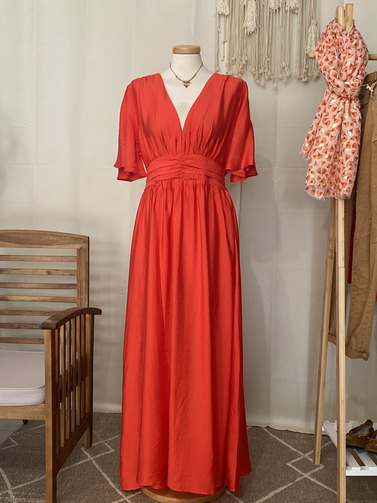 Robe courte manches 3/4 fluide rouge corail femme | Bréal