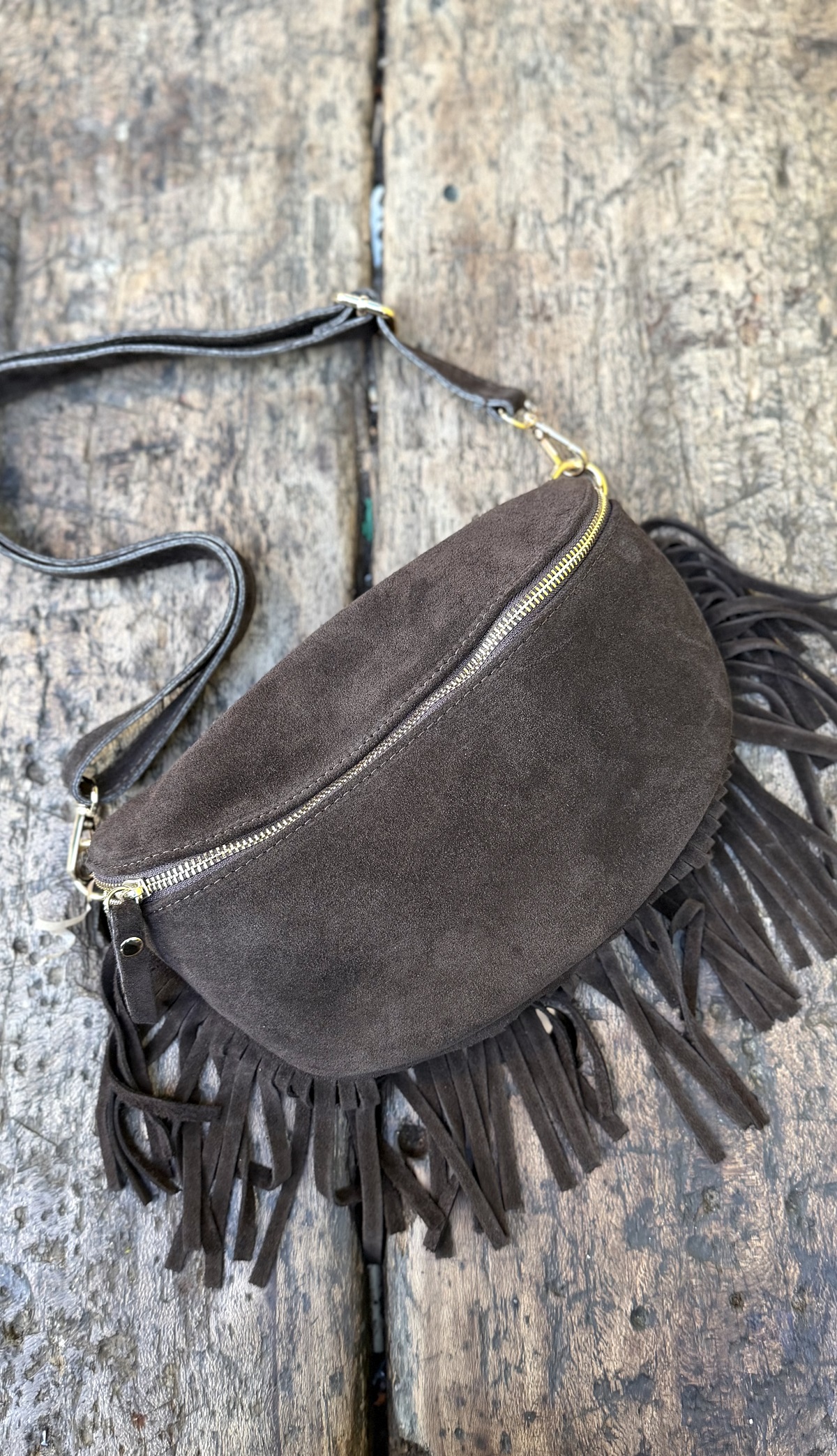 SAC BANANE FRANGES CUIR CHOCOLAT 1
