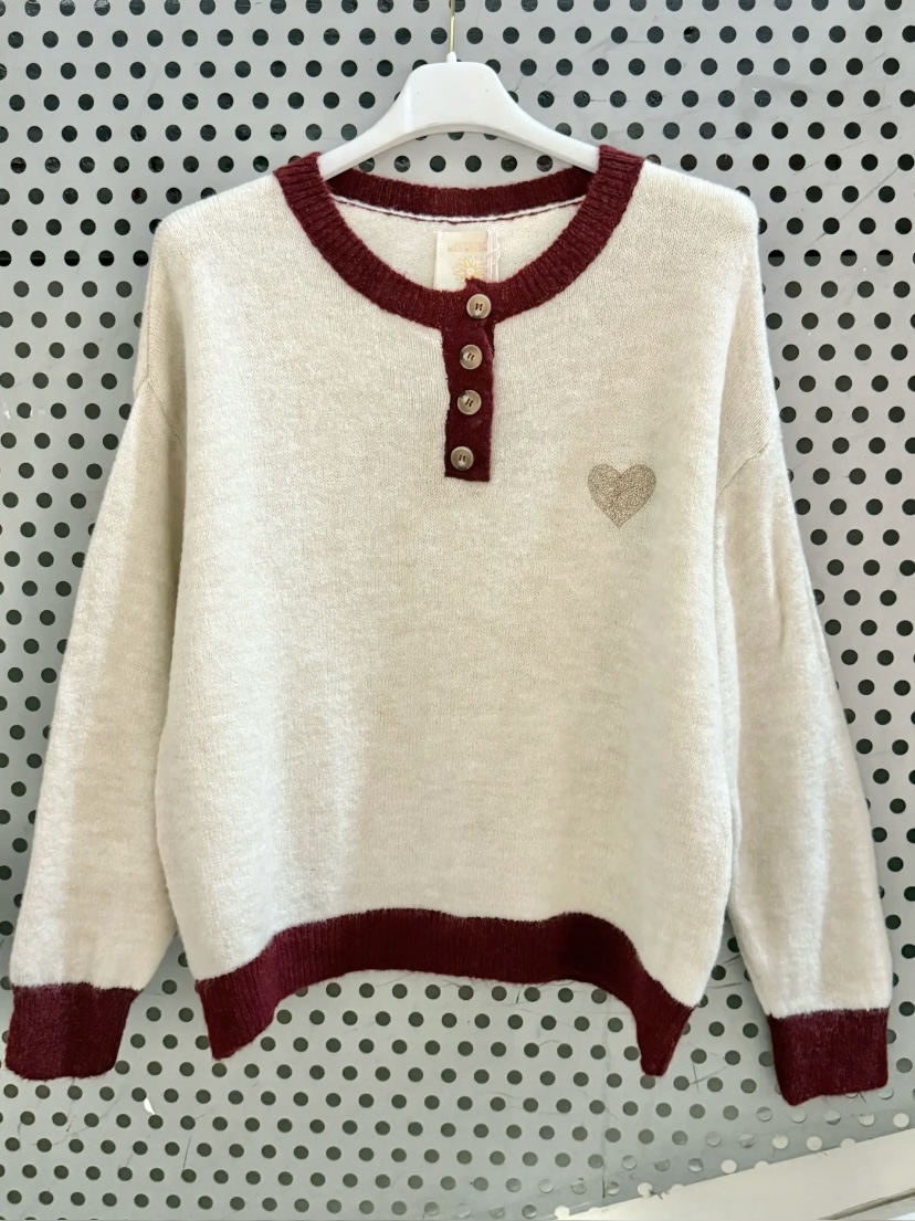 PULL COEUR ECRU ET BORDEAUX APRIL VINTAGE