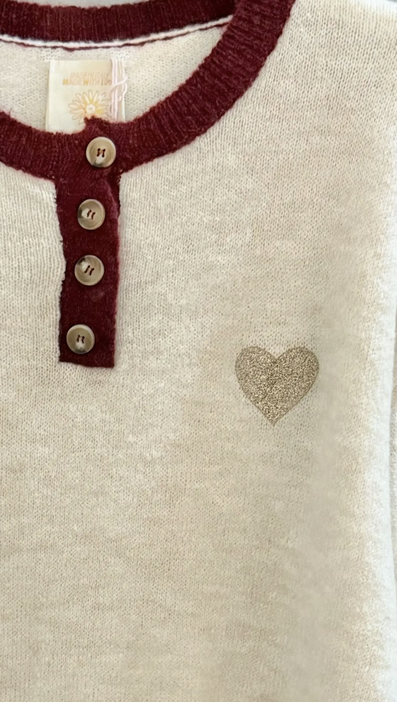 PULL COEUR ECRU ET BORDEAUX APRIL VINTAGE 1